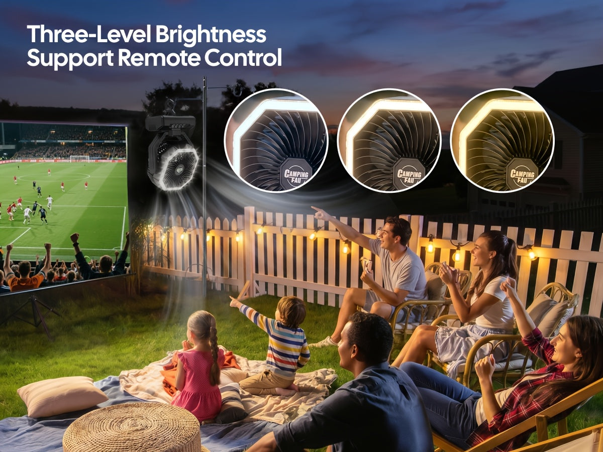 Battery Powered Camping Fan with 20000mAh Rechargeable Battery, Dual Auto Swing, 4 Speeds, 3-Level LED Light, 8-Hour Timer and Hanging Hook for Tents and RV Trips