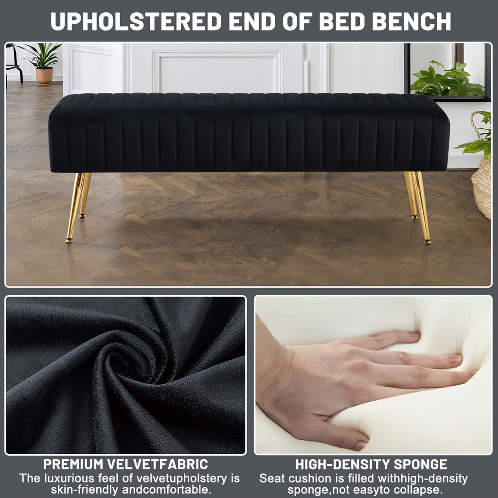 Velvet Entryway Bench with Gold-Plated Legs, 44-Inch Accent Seating for Shoe Changes, Bedroom End-of-Bed Styling and Living Room Footrest Use