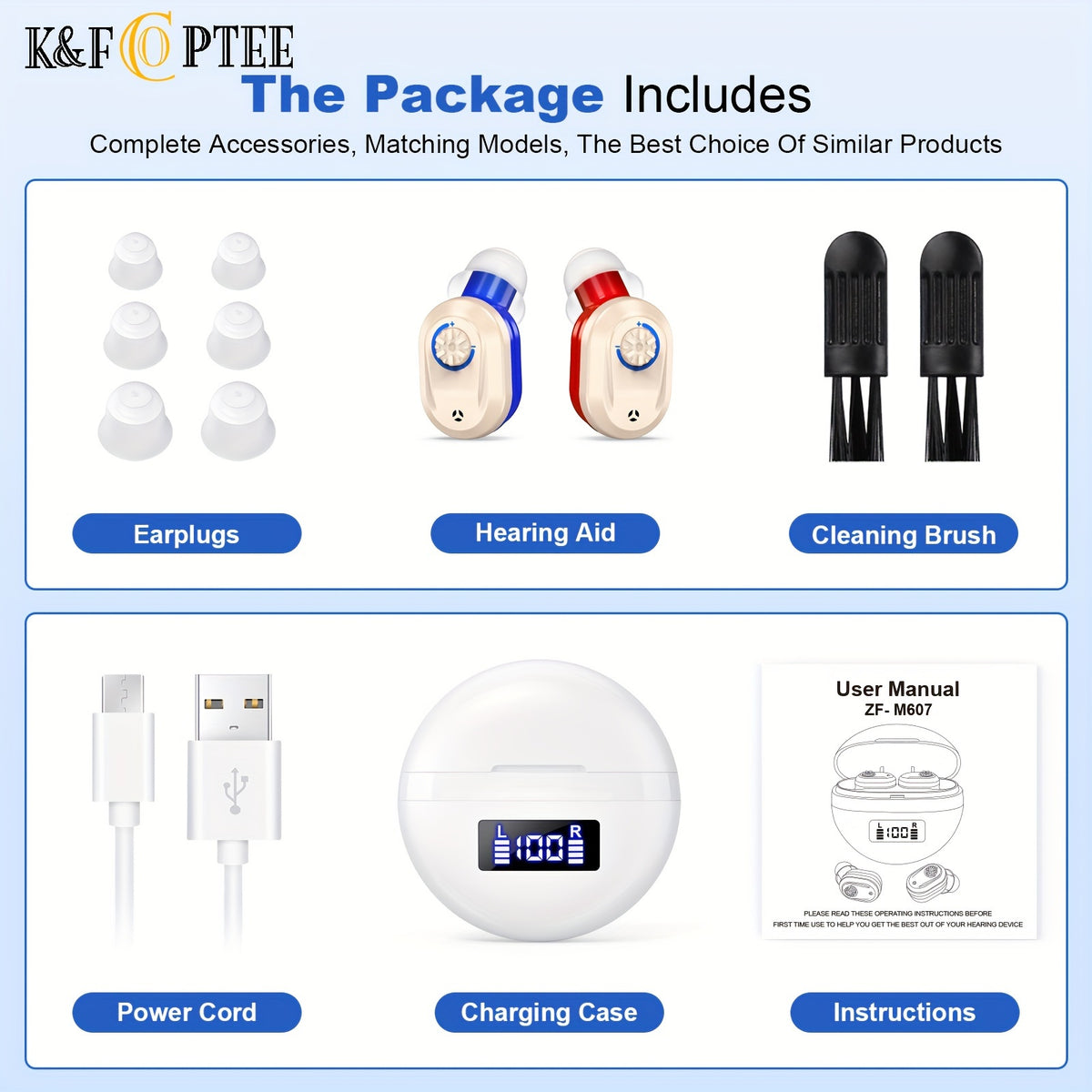 Rechargeable Hearing Device Pair K&FCOPTEE with Digital Display Charging Case, Rotary Volume Control, Six Silicone Ear Domes and Cleaning Accessories