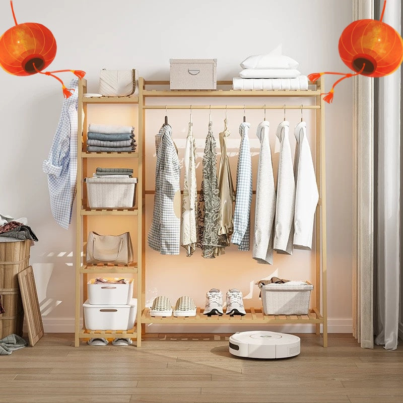 Bamboo Garment Rack with Adjustable Shelves, Five Side Storage Racks and Hat Hooks for Bedroom Organization, Brown or Nature with Four Size and Bag Option Labels