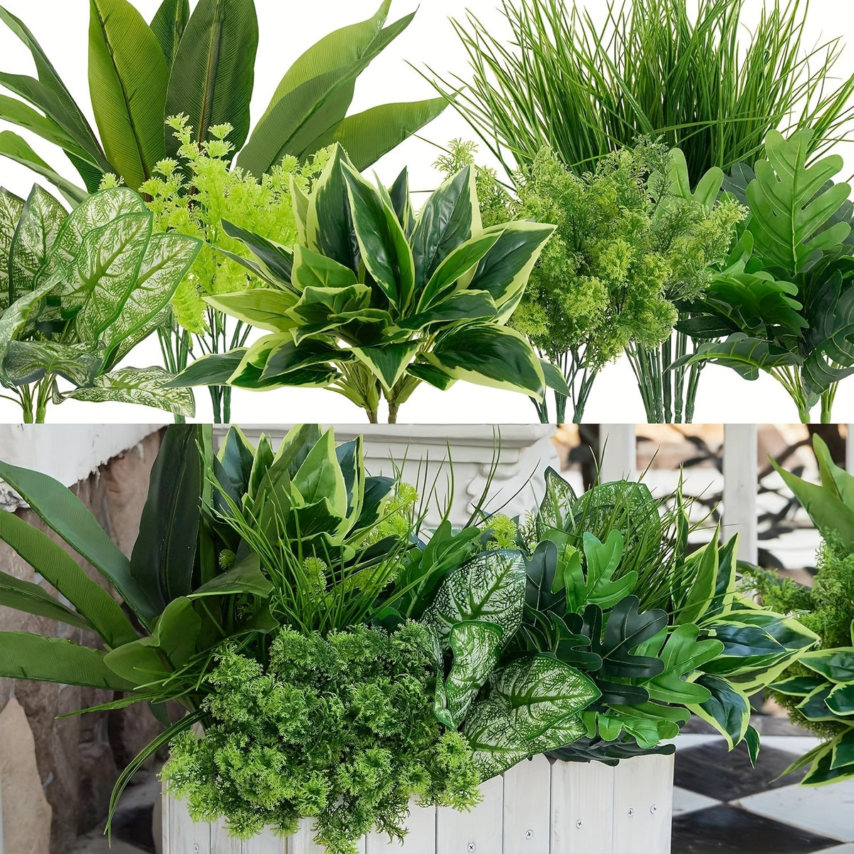 Artificial Boxwood Stems with Green Plastic Foliage, 18-Piece Faux Greenery Set for Window Box Displays, Porch Planters, Wedding Arrangements and Farmhouse Decor