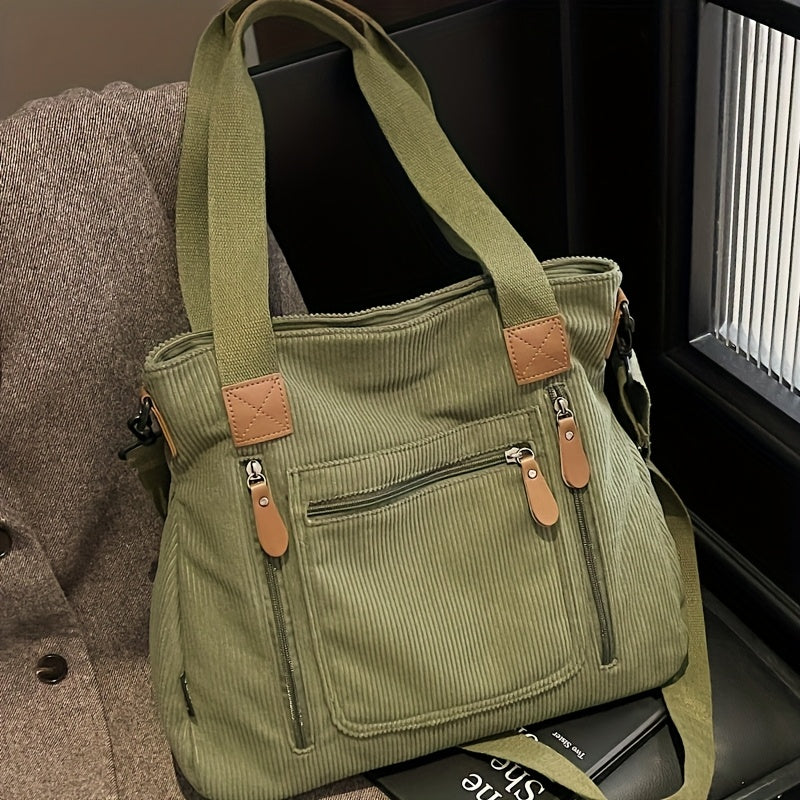 Retro Workwear Corduroy Handbag with Multiple Pockets, Women's Adjustable-Strap Shoulder and Crossbody Bag in Black, Grey or Green for Daily Commuting