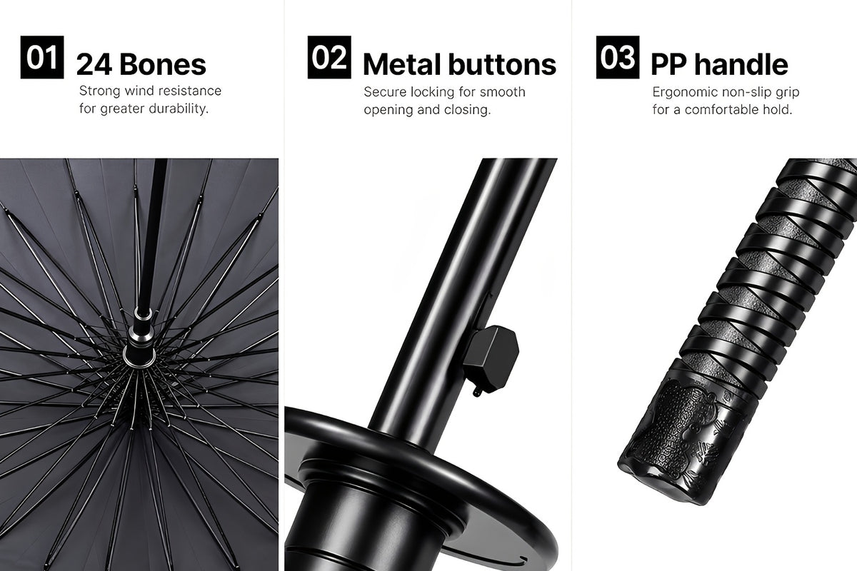 Samurai Umbrella in Black with Automatic Open and Close, Listed 24-Rib Steel Frame and Sword-Themed Styling for Rainy Days, Cosplay Outfits and Anime Fan Gifts