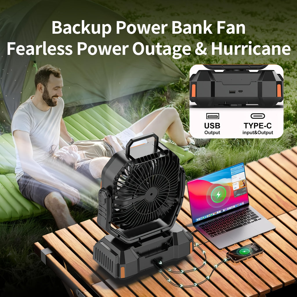Cordless Oscillating Camping Fan with 40000mAh Rechargeable Battery, 4 Speeds and LED Lantern for Tent Airflow, RV Travel, Picnics and Home Power Outages