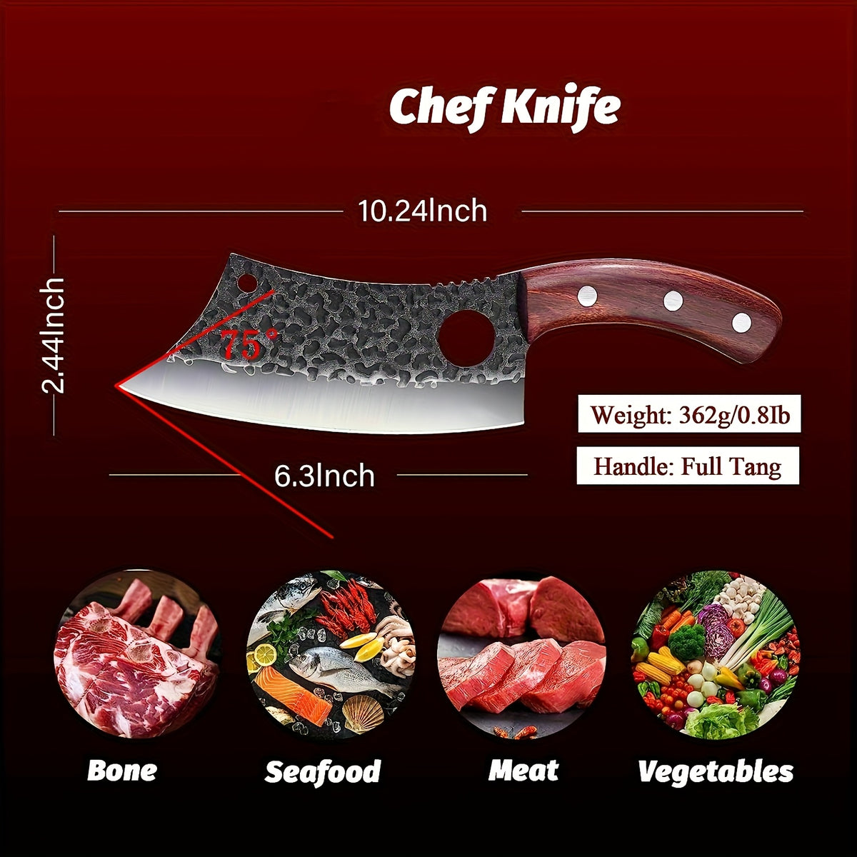 High Carbon Steel Meat Cleaver with Oak Wood Handle and Sheath, Viking Style Kitchen Knife for Meat and Vegetable Preparation, Camping Cooking and BBQ