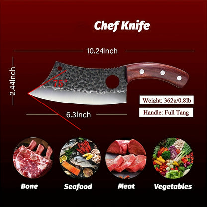 High Carbon Steel Meat Cleaver with Oak Wood Handle and Sheath, Viking Style Kitchen Knife for Meat and Vegetable Preparation, Camping Cooking and BBQ