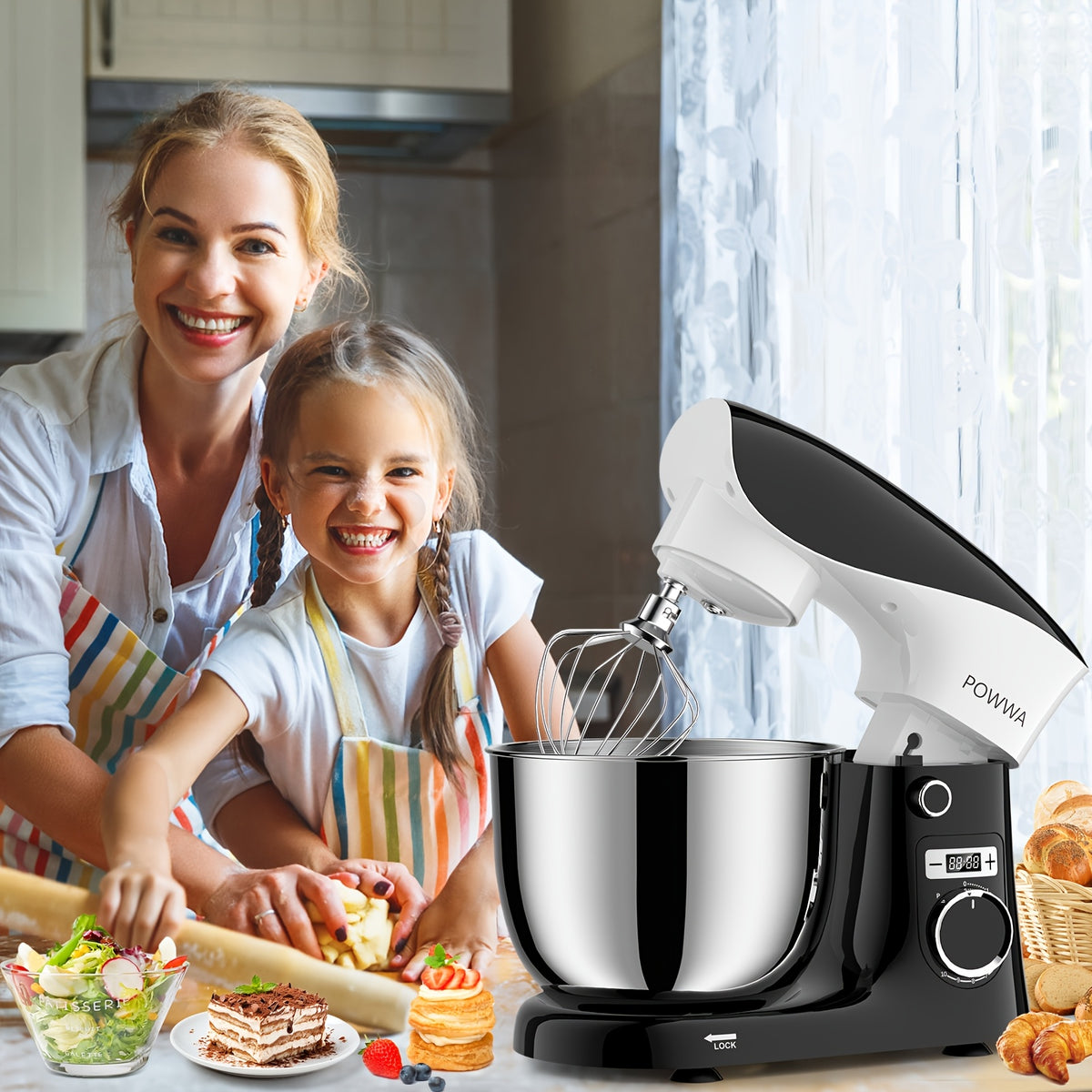 Stand Mixer 6.5 Qt with 10+P Speed Control, Whisk, Beater and Dough Hook, Electric Kitchen Baking Mixer in White Accent Color Options for Home Bakers