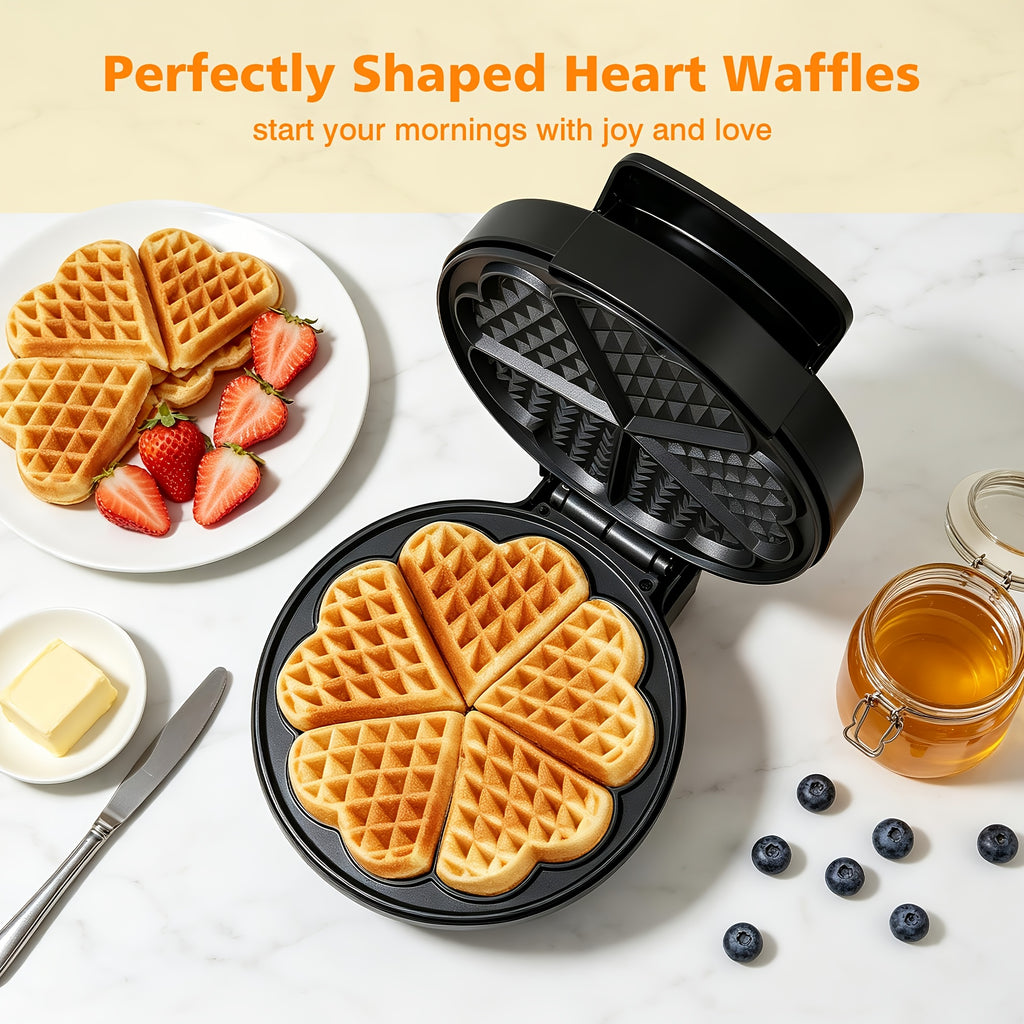 Heart-Shaped Waffle Maker 750W, Mini Nonstick Wafflera with Dual-Side Heating, Indicator Lights and Compact Space Saving Design, Easy to Clean Breakfast, Brunch and Treat Maker for Kids, Couples and Valentine's Day, Easy Gift