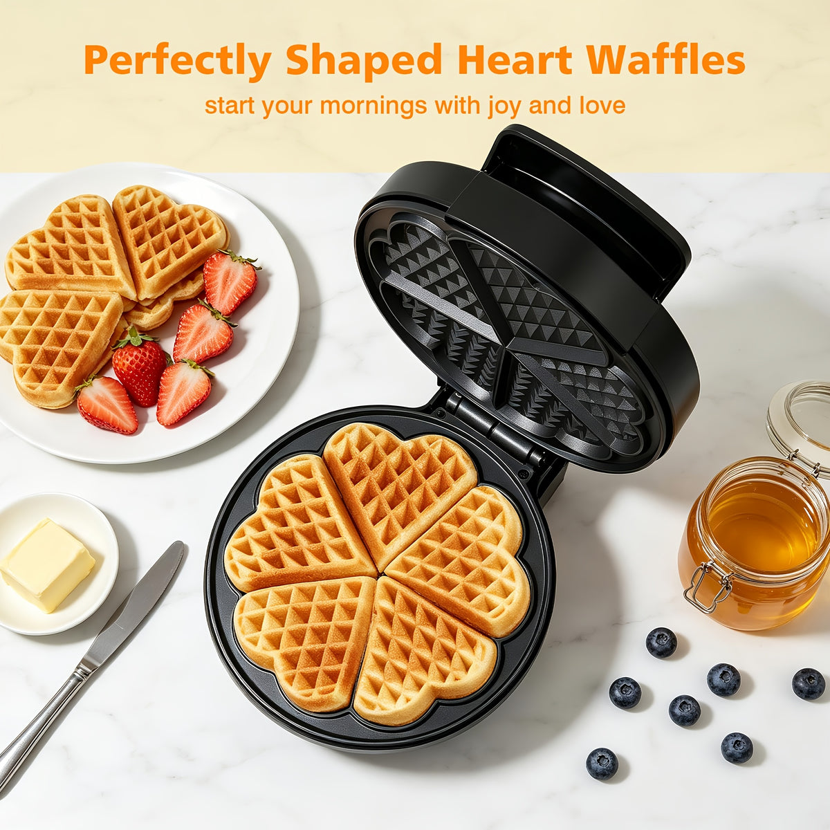 Heart-Shaped Waffle Maker 750W, Mini Nonstick Wafflera with Dual-Side Heating, Indicator Lights and Compact Space Saving Design, Easy to Clean Breakfast, Brunch and Treat Maker for Kids, Couples and Valentine's Day, Easy Gift