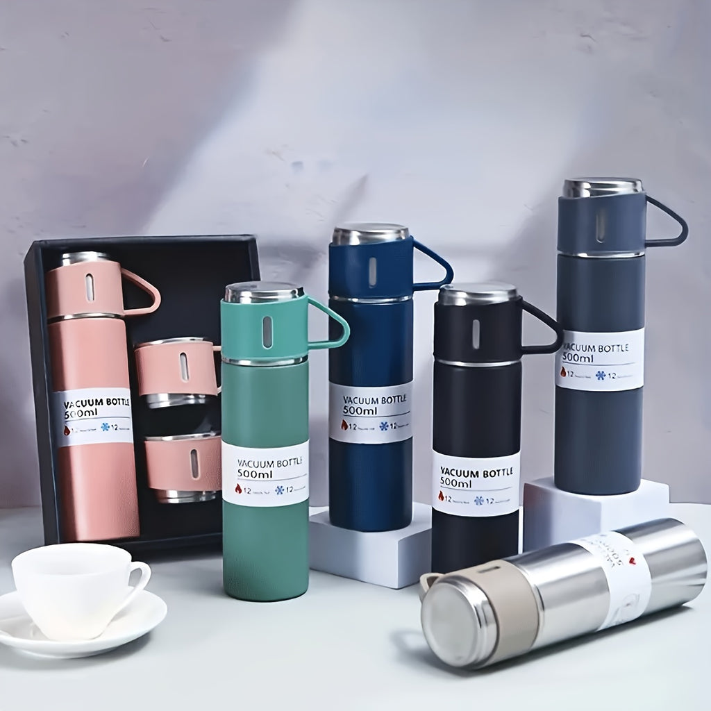 Insulated Bottle and Cup Set with Listed 500ml Stainless Steel Bottle and Three Small Cups, Six Color Options for Work, School and Everyday Beverage Carry