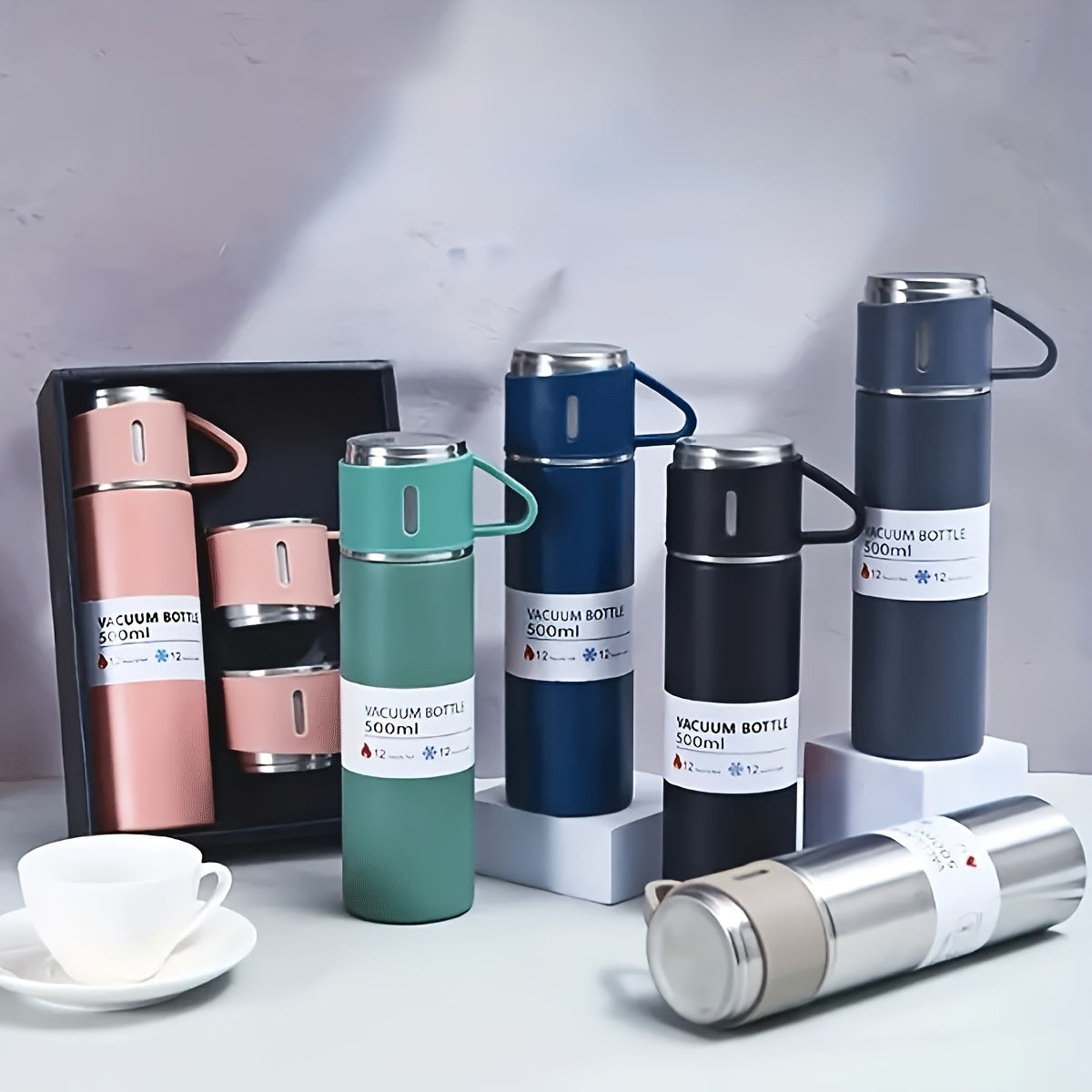 Insulated Bottle and Cup Set with Listed 500ml Stainless Steel Bottle and Three Small Cups, Six Color Options for Work, School and Everyday Beverage Carry