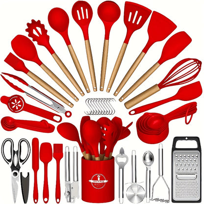 Silicone Cooking Utensil Set, 37 or 44-Piece Kitchen Tool Options in Five Colors for Beginner Cooks, Everyday Meal Preparation and Housewarming Gifts