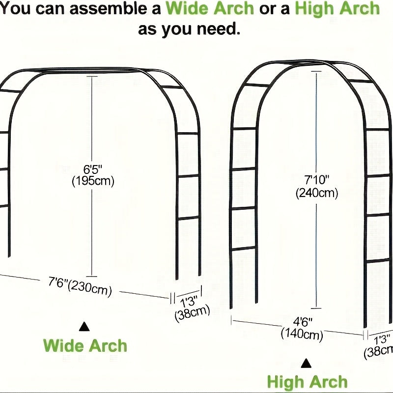 Metal Garden Arch Trellis for Climbing Plants and Wedding Decorations, Black or White One- and Two-Pack Options with Listed Two-Size Assembly Reference
