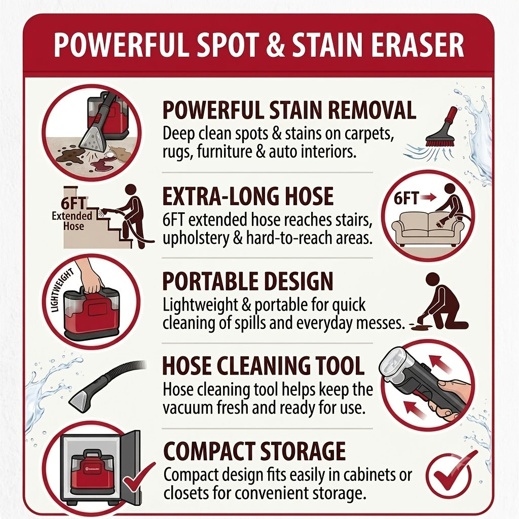 Portable Carpet Cleaner SCB301 1101 with White Version Option, Listed 17kPa Suction and Upholstery Tool Wording for Compatible Area Rugs and Couch Fabrics
