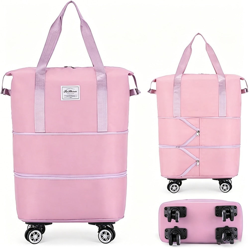 Three-Layer Expandable Travel Bag, Wheeled Clothing Duffel with Four Removable 360-Degree Wheels and Adjustable Pull Handle in Black, Pink, Blue or Purple