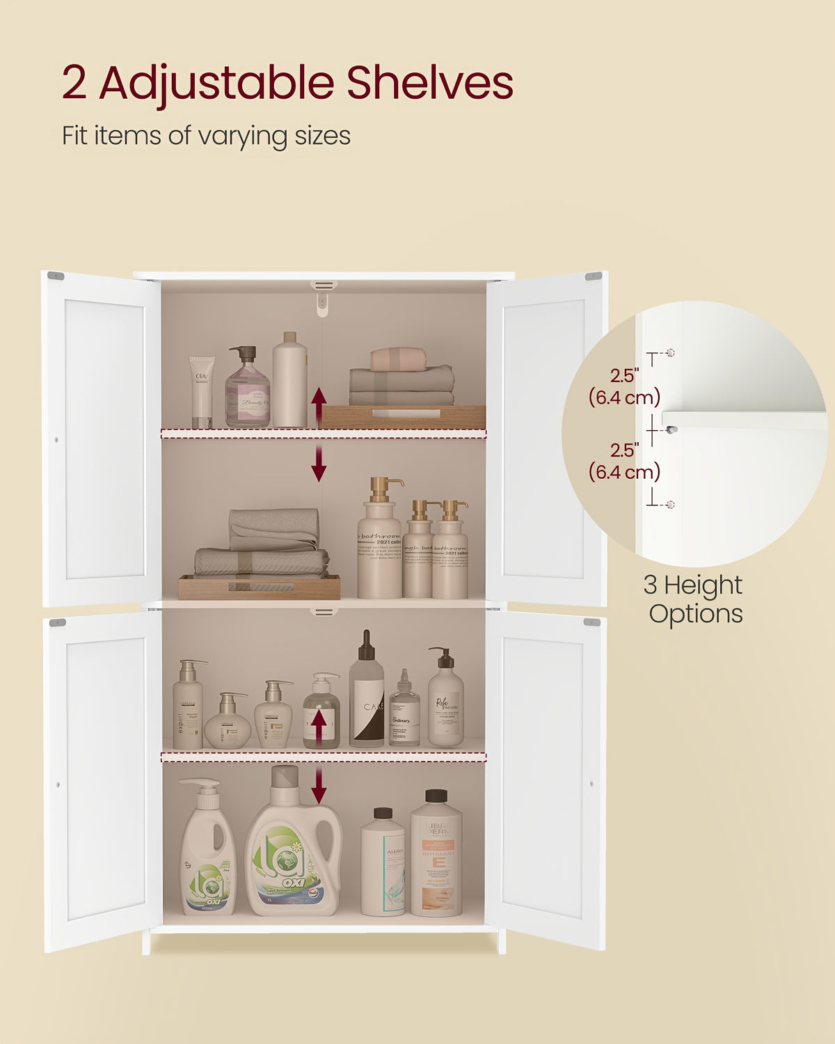 Shaker Style Floor Storage Cabinet with Four Doors, Two Cupboards and Two Adjustable Shelves, Green, White or Blue Freestanding Organizer for Home Essentials