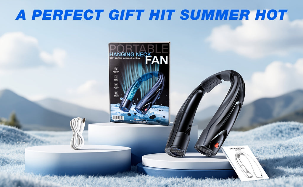 Black Portable Neck Fan with Six Adjustable Speeds and USB Rechargeable Design, Hands-Free Wearable Personal Airflow for Outdoor Travel, Office and Leisure