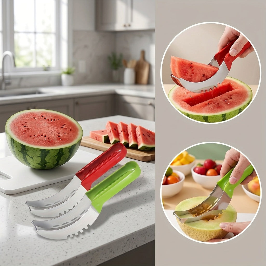Watermelon Slicer Set for Fresh Fruit Preparation and Serving, Red and Green Tools with Listed Stainless Steel Material or Three-Piece Option with Watermelon Spoon