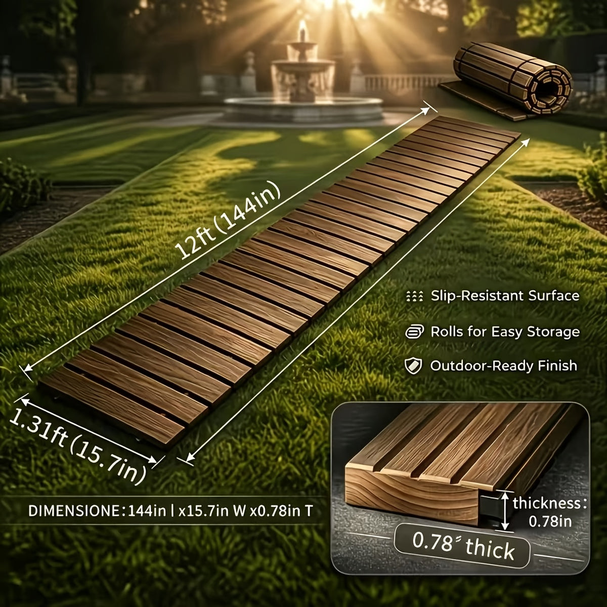 Wooden Garden Pathway with Roll-Up Design, Listed 72 or 144 Inch Walkway Options for Lawn Routes, Courtyard Landscaping, Terrace Areas and Flower Bed Borders