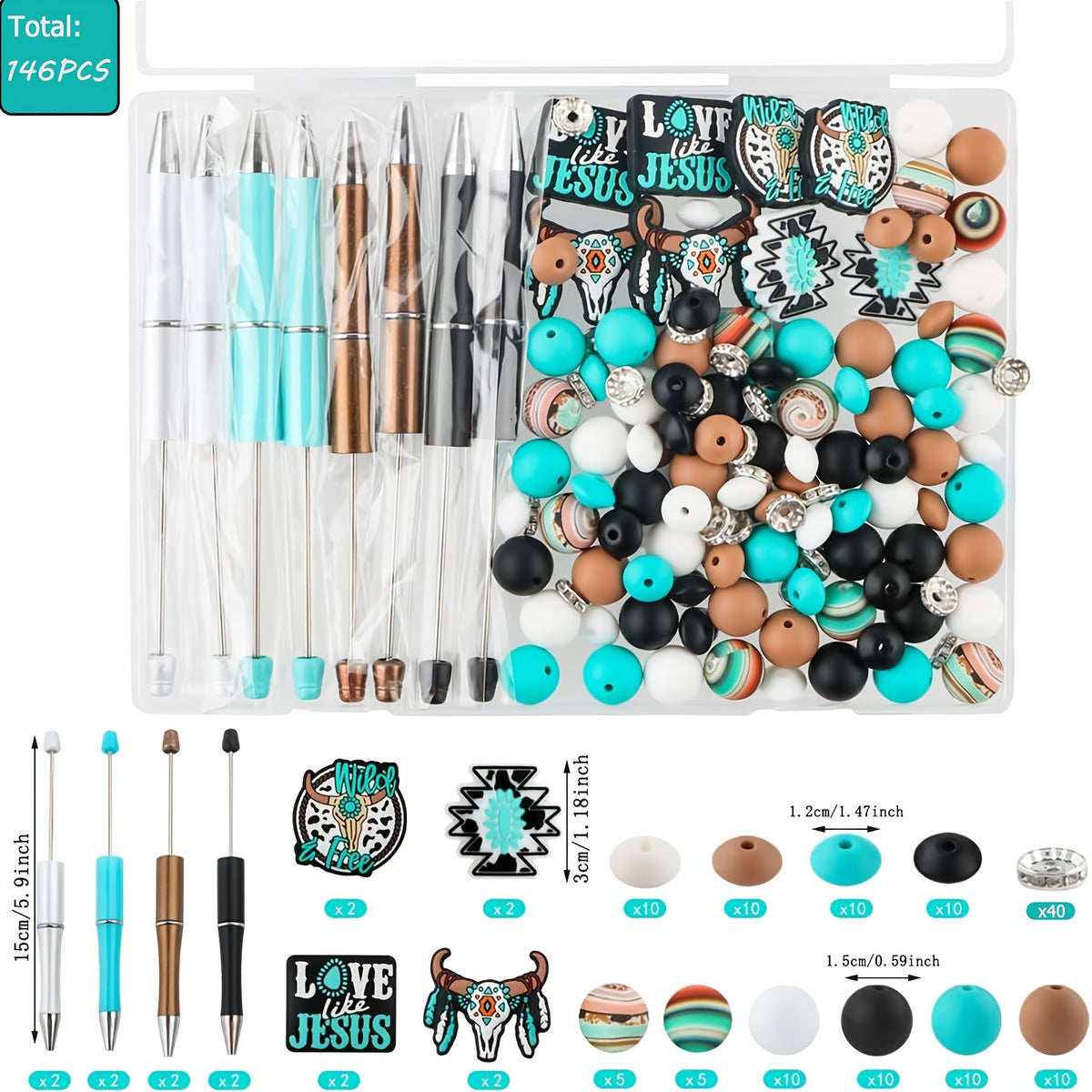 Turquoise Silicone Beads for Pens and Keychains, 146-Piece Mixed Craft Assortment with Listed 10mm Round and 12mm/15mm Beads for DIY Jewelry and Decorations