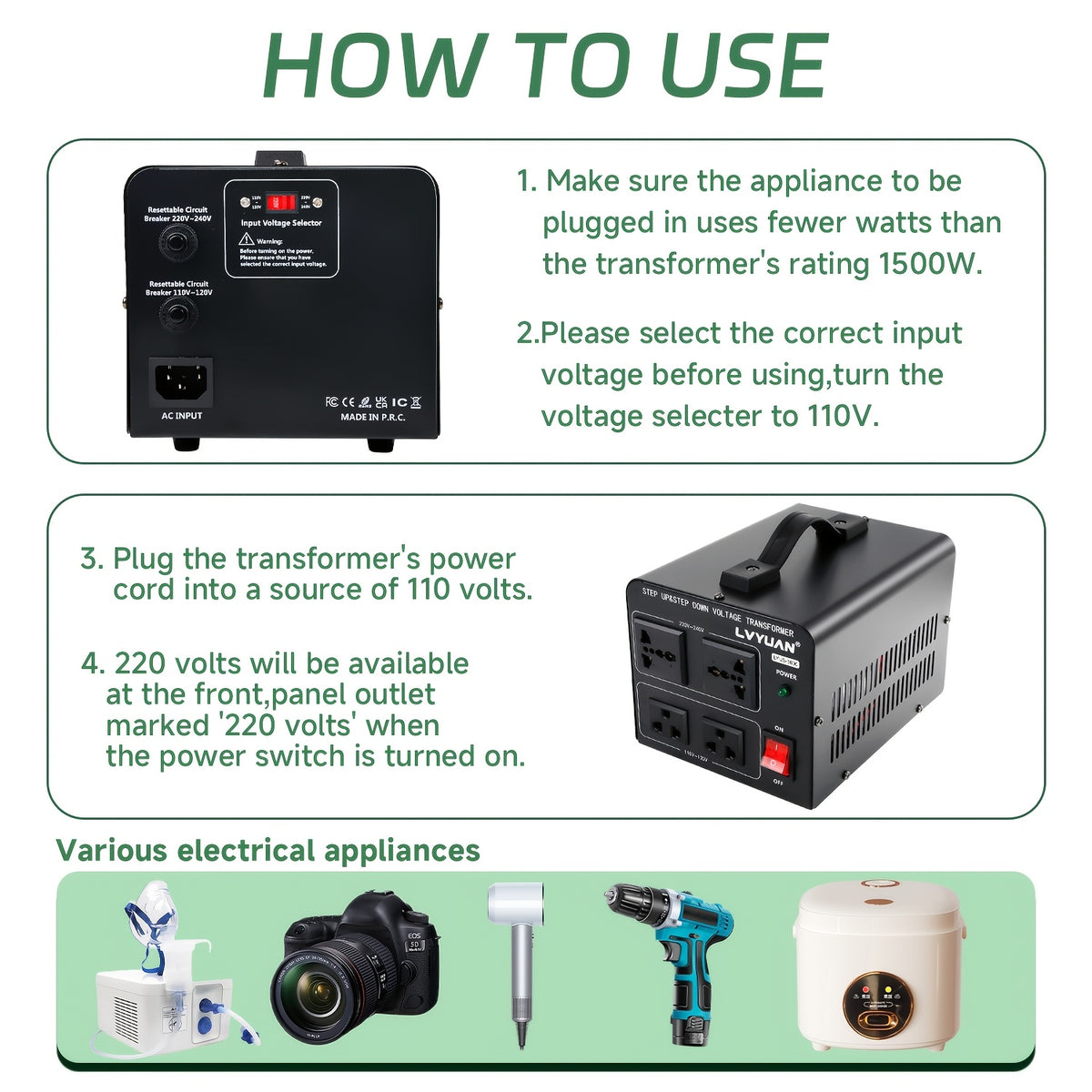 Step Up Down Voltage Converter by LVYUAN, 110V–120V to 220V–240V Transformer with Two US Outlets, Two Universal Outlets and Resettable Circuit Breaker