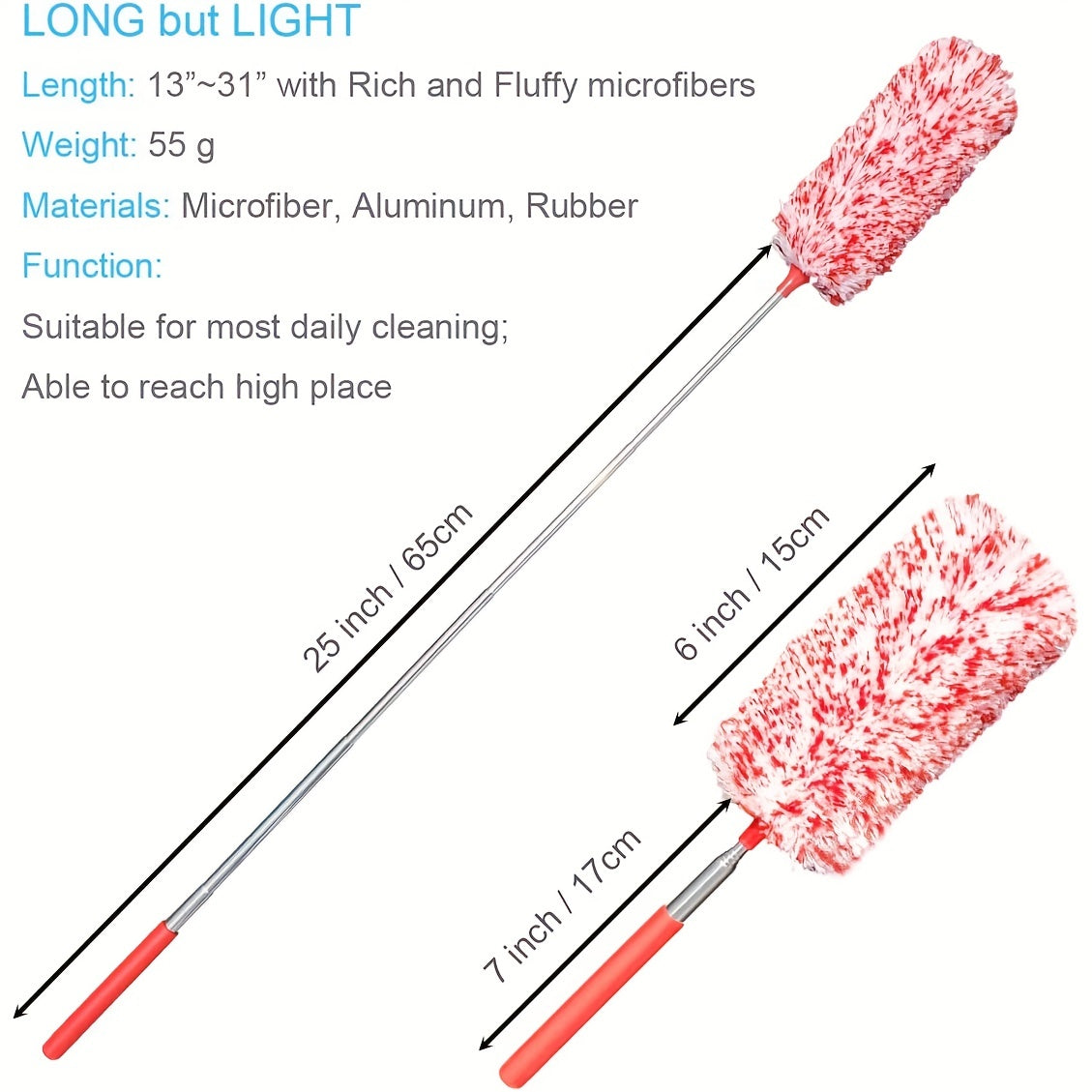 Extendable Microfiber Duster in Red, Washable Reusable Dusting Tool with Adjustable Reach for Everyday Home, Office, Car and Appliance Exterior Cleaning