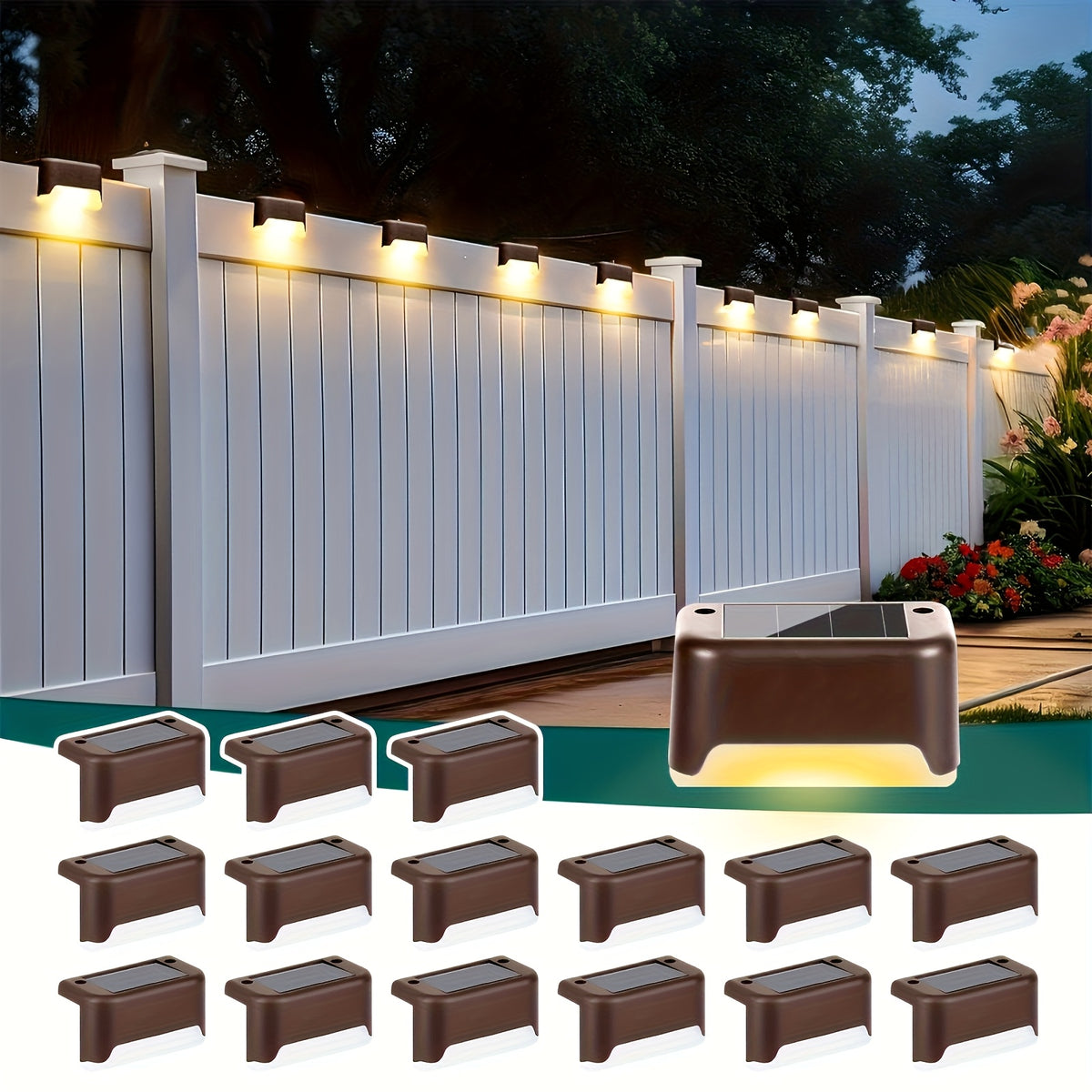 Warm White Solar Step Lights, 16 or 32-Pack Outdoor LED Accents with ABS Housing, Screw Mounting and Automatic On/Off in Black, White or Brown