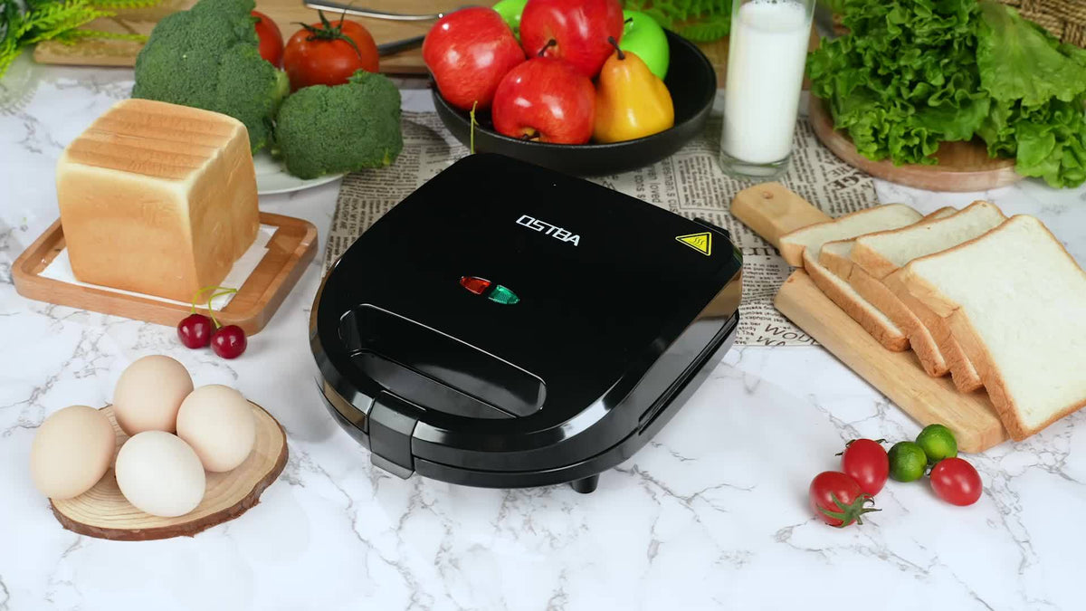 Interchangeable Plate Sandwich Maker by OSTBA, Black 750W 3-in-1 Panini Press and Waffle Iron with Three Removable Nonstick Plate Sets for Home Breakfasts