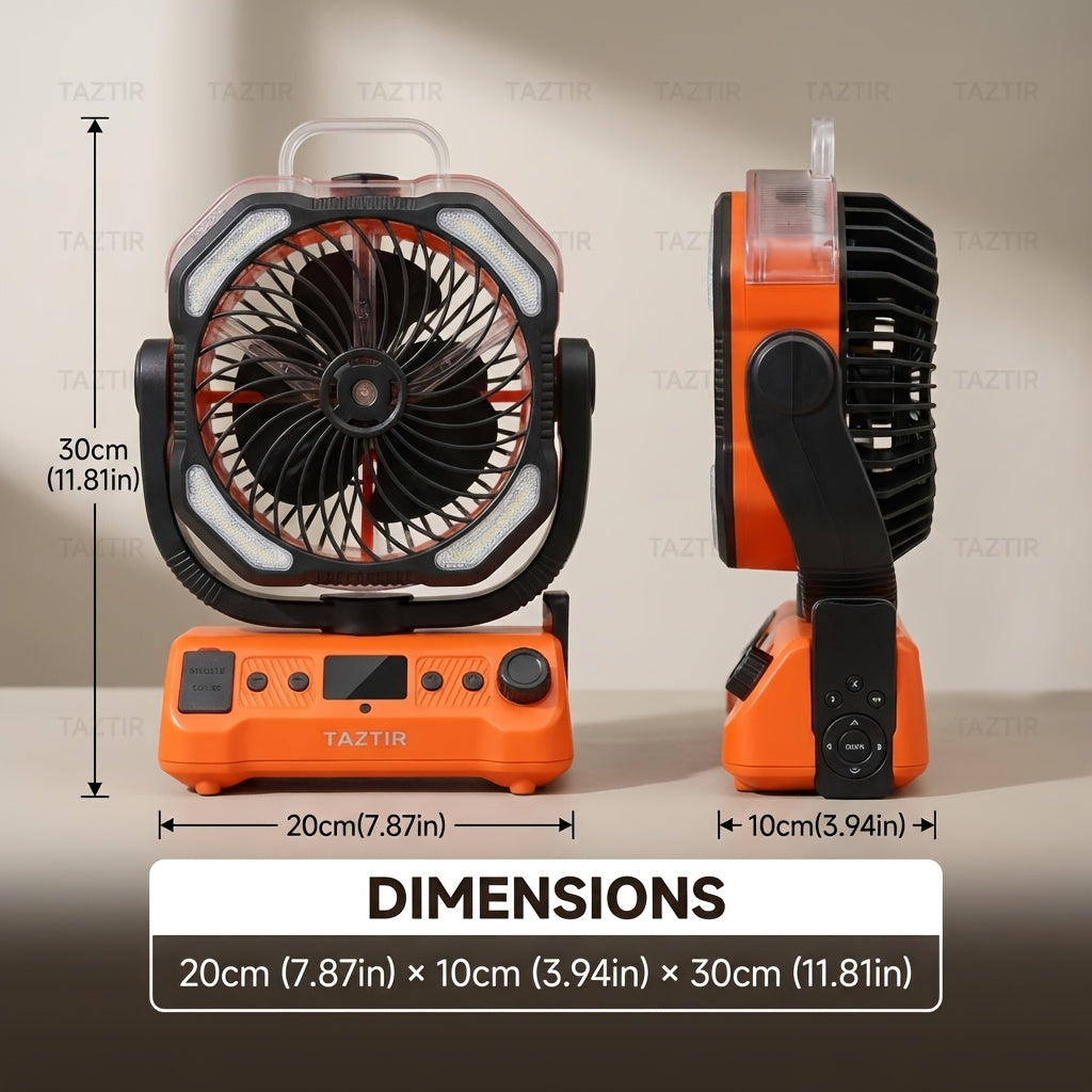 Dual-Motor Camping Fan with Listed Remote Control, 1–100 Speed Adjustment and Oscillation, Classical, Mist and Solar Option Labels for Tent and Outdoor Airflow