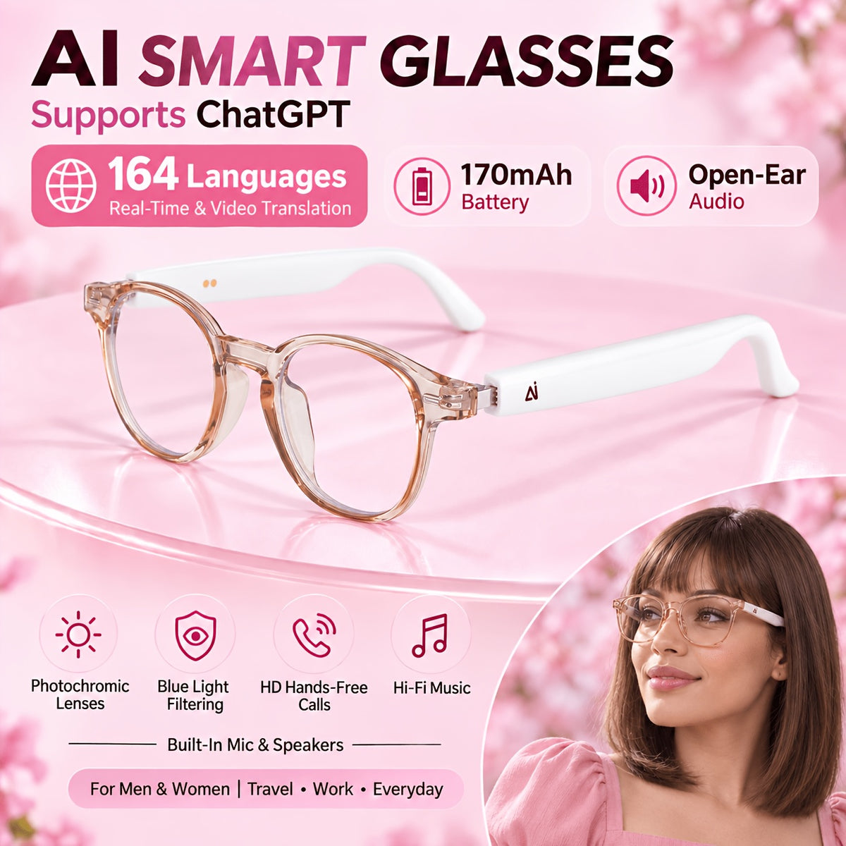 Smart Audio Translation Glasses with Built-In Microphone and Speaker, M09A, YX04 and Translucent Pink Options for Travel Conversations, Calls and Office Use