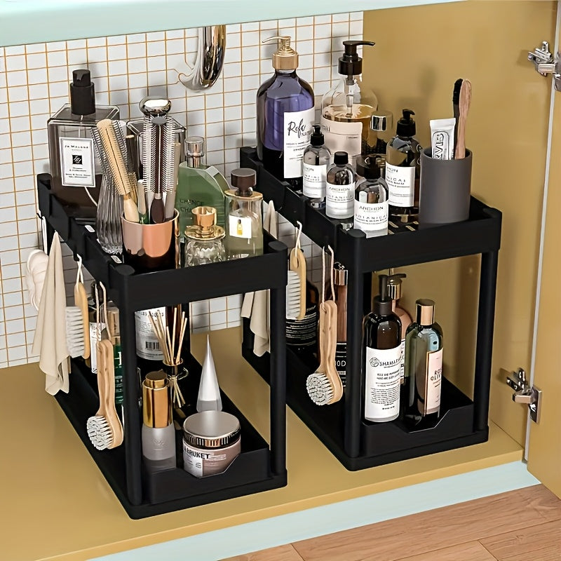 Hook and Bucket Under Sink Organizer, Two-Tier Sliding Cabinet Storage Rack with Listed Five Hooks and One Bucket, Single or Double Options for Kitchen and Bathroom