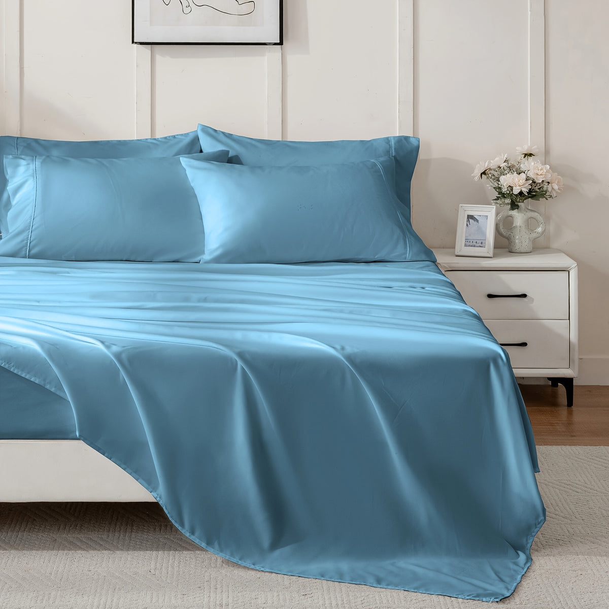 Flat and Fitted Sheet Set with Two Pillowcases, Four-Piece Bedding with Listed Extra Deep Pockets and Six Size Labels Including Twin XL for Home Bedrooms