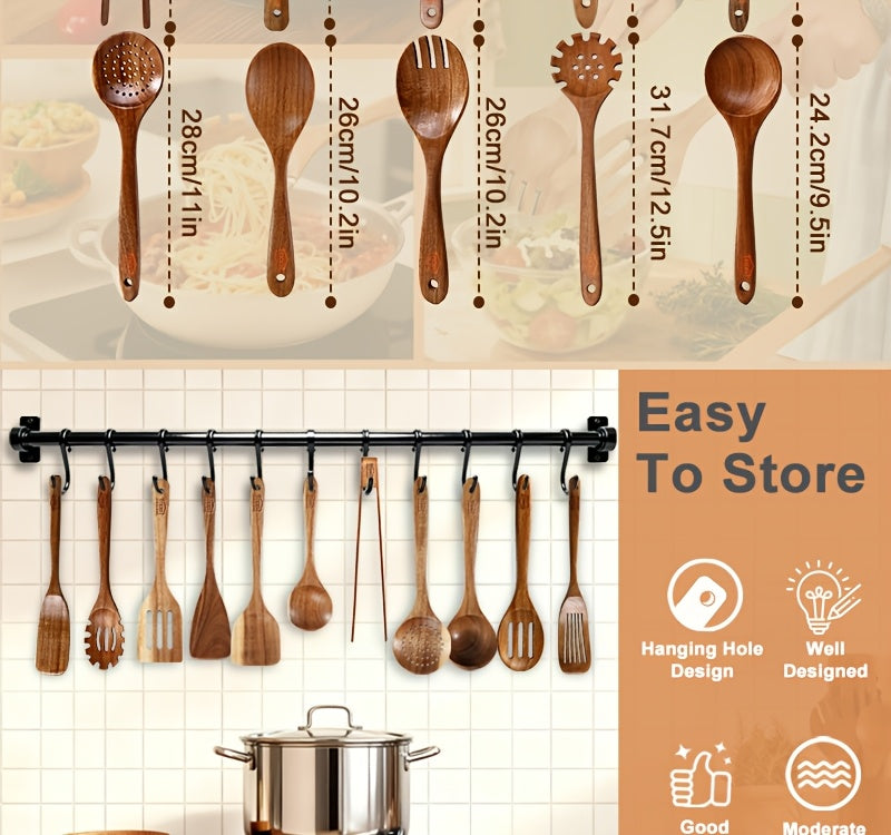Wooden Cooking Utensils Set, 10-Piece Teak Kitchen Spoon and Spatula Tool Options for Everyday Stirring, Mixing and Meal Preparation in Home Kitchens