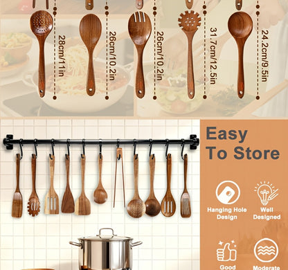 Wooden Cooking Utensils Set, 10-Piece Teak Kitchen Spoon and Spatula Tool Options for Everyday Stirring, Mixing and Meal Preparation in Home Kitchens