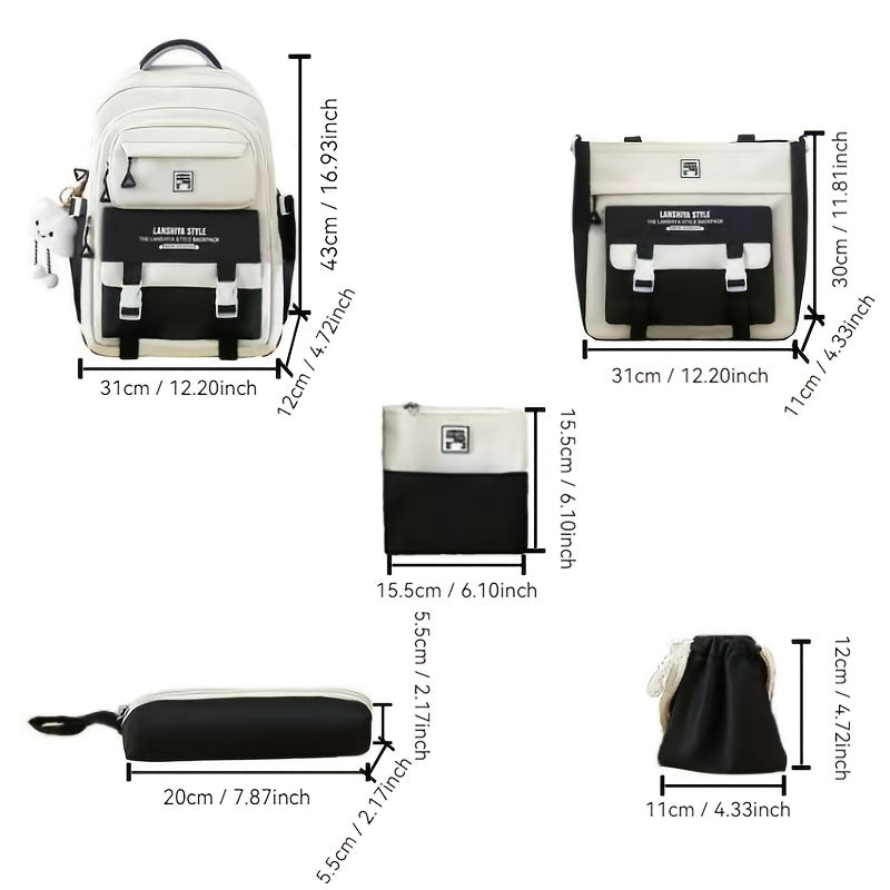 Student Backpack Set of 5 in Solid Colors with Listed Handbag, Coin Purse, Crossbody Bag and Pencil Case for Teen Back-to-School and Everyday Carry