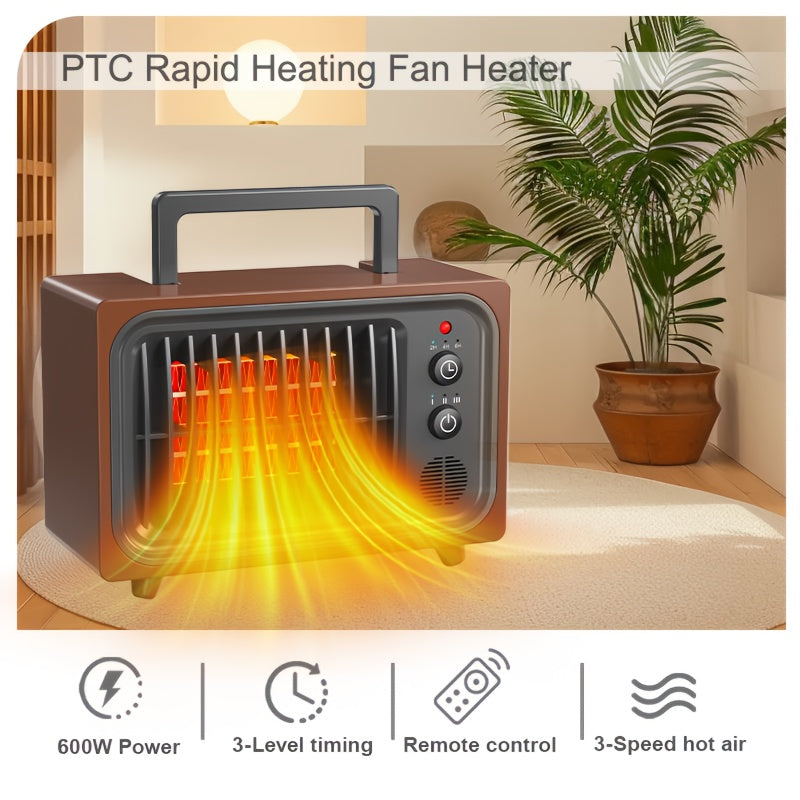 Remote-Controlled Red Space Heater with Listed 600W Power, Three Heat and Fan Settings, Adjustable Thermostat and Timer for Supervised Indoor Home or Office Warmth