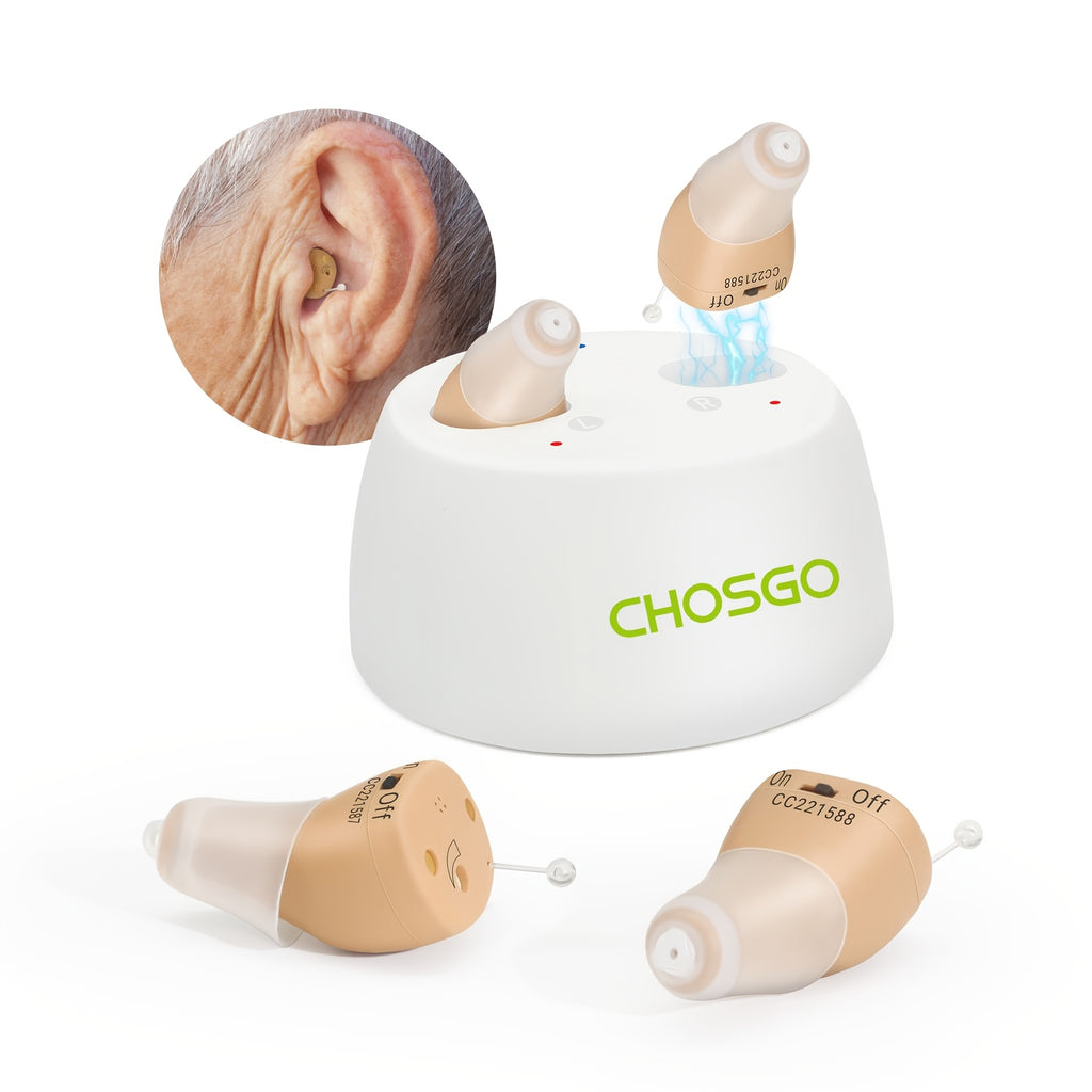 12-Channel USB Rechargeable Hearing Device with Listed Digital Sound Processing and Silicone Earbuds, Beige, Red and Blue or Black Options for Adults