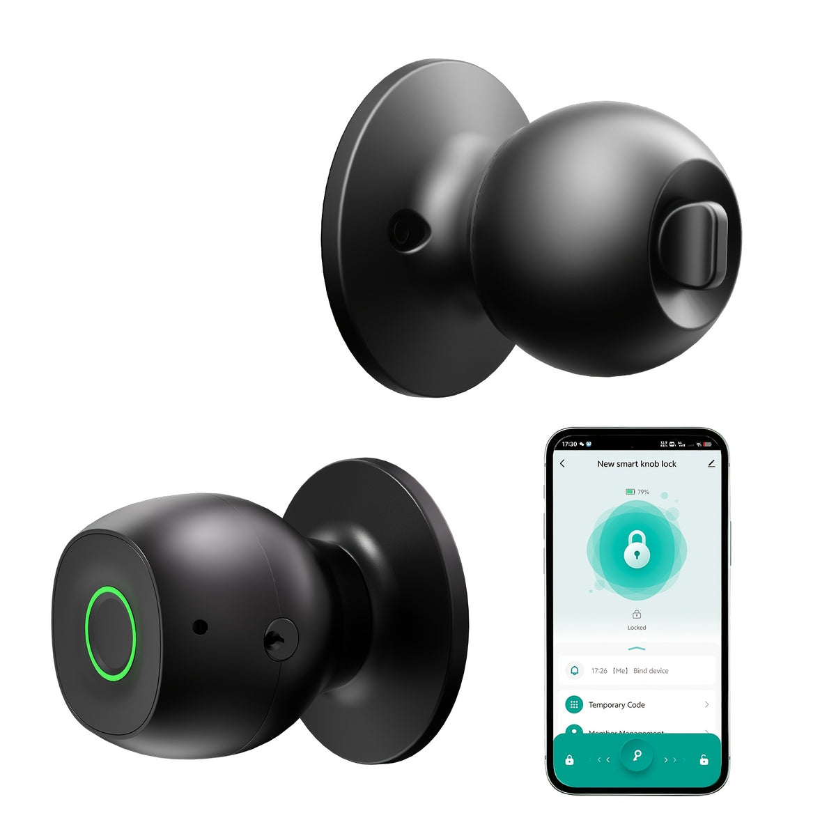 Biometric Smart Door Knob Lock in Black with Fingerprint Entry, App-Controlled Wireless Connection and Physical Key Access for Compatible Bedroom, Home and Office Doors
