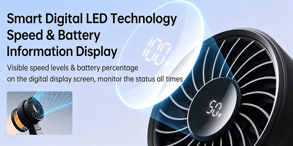 Foldable Handheld Fan JISULIFE Life7 with USB Rechargeable Battery, LED Display and Five Speeds for Desktop, Travel and Festival Use in Grey, Pink or Black