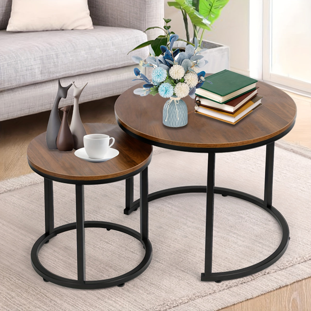 Round Nesting Tables Set of Two for Living Room and Bedroom, Modern Circular Accent Tables with Seven Finish Options Including White Faux Marble and Gold