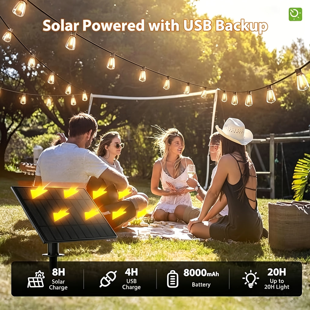 ST38 Solar Patio String Lights with Listed 2700K Warm Light and E12 Base, 100 to 200ft Length Options for Garden, Courtyard and Party Backdrop Decoration