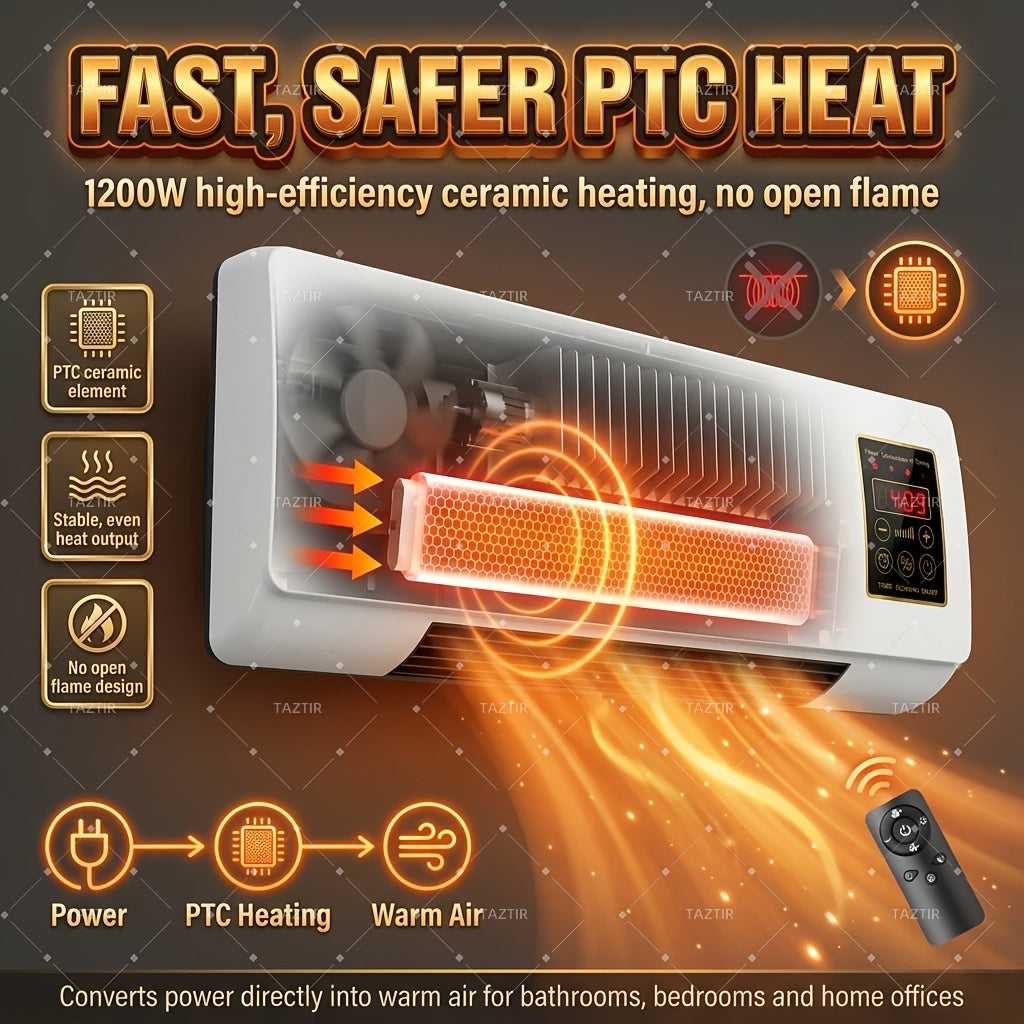 1200W Wall-Mounted Ceramic Heater in White, PTC Heating Design with Remote Control and Timer, Listed Dual-Mode Model for Space-Conscious Home Installation