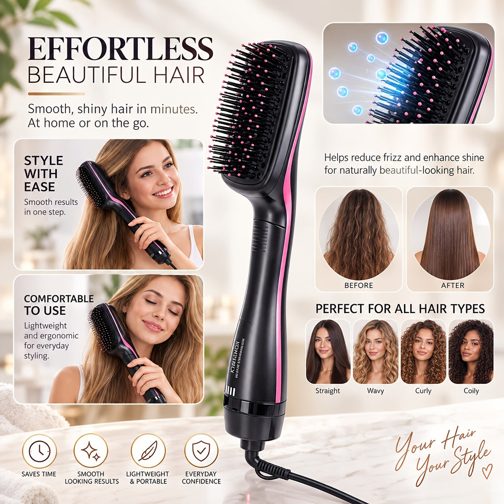 4-in-1 Hair Straightener Brush for Straightening, Curling, Volumizing and Drying, One-Step Blowout Styler with 2 Hair Clips and Rat-Tail Comb