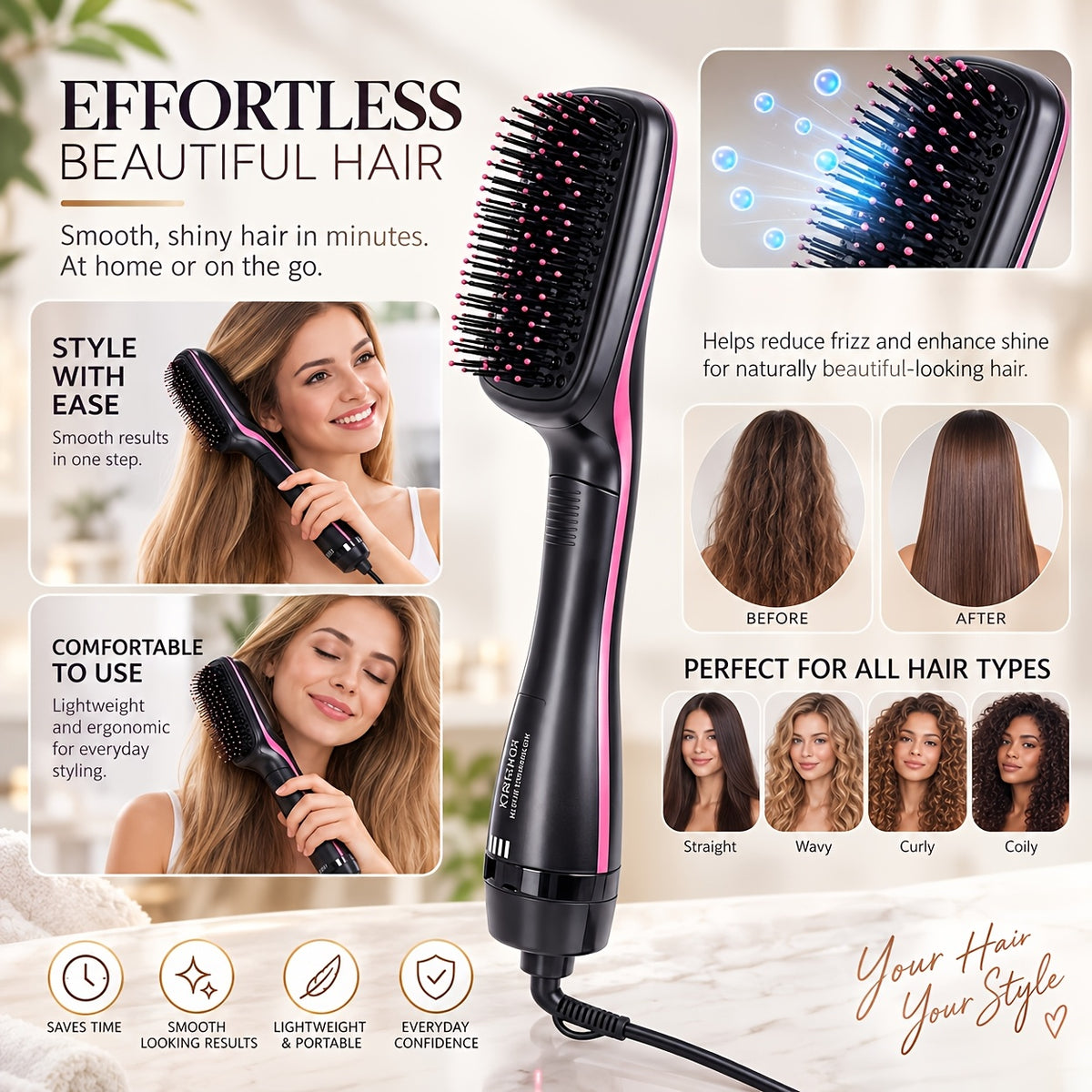 4-in-1 Hair Straightener Brush for Straightening, Curling, Volumizing and Drying, One-Step Blowout Styler with 2 Hair Clips and Rat-Tail Comb