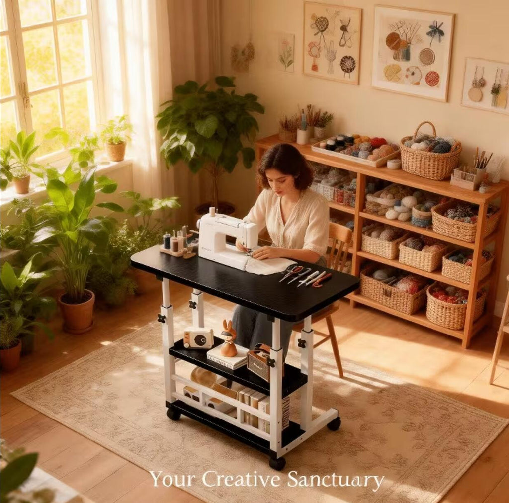 Height Adjustable Craft Table with Double Storage Shelves and Four 360-Degree Wheels, Rolling Sewing and Knitting Organizer for Bedrooms and Living Rooms
