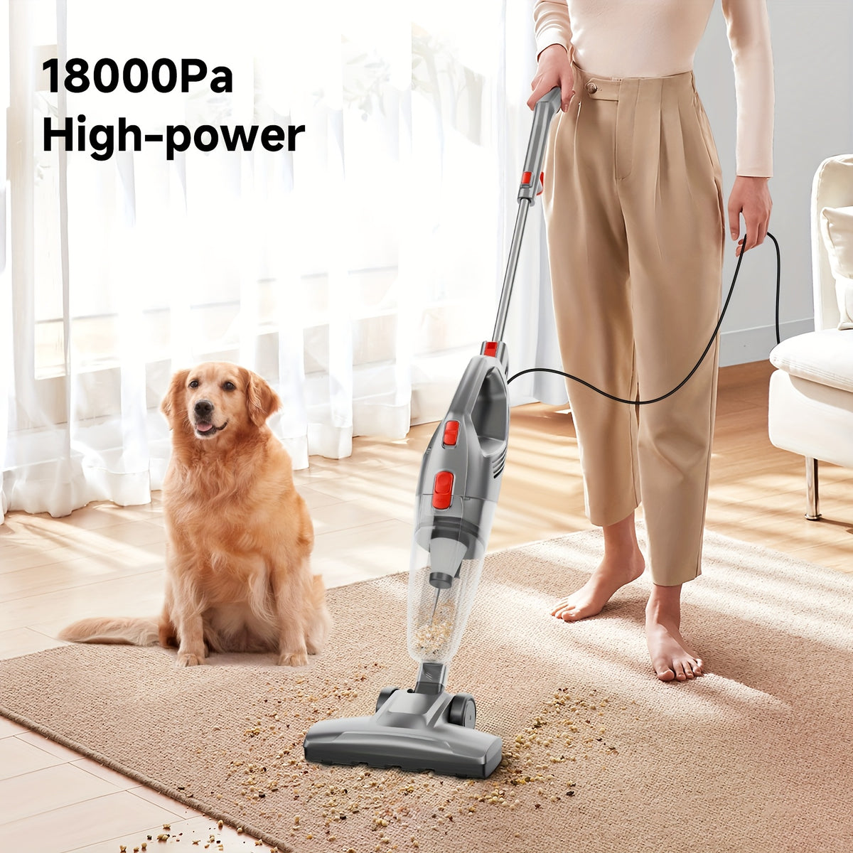 HEPA Stick Vacuum Cleaner for Home, Corded Design with Listed 22ft Cable and 18kPa Suction for Hardwood Floors and Pet Hair, Three Color Options