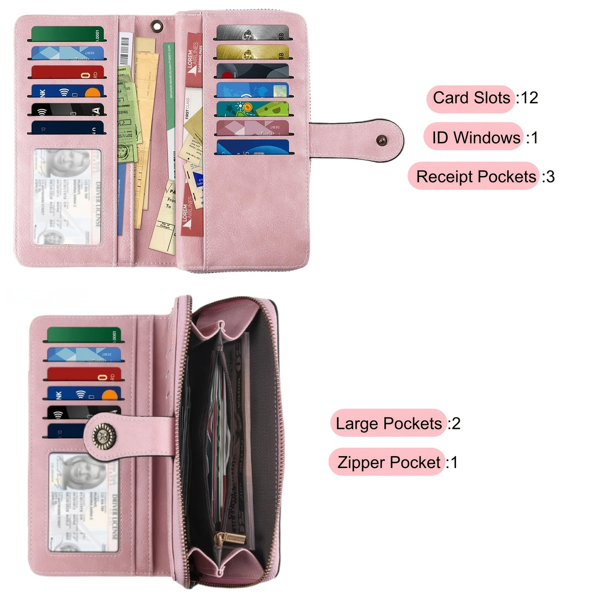 Bowknot Badge Long Wallet for Women with Wrist Strap and Zipper Closure, Retro Solid-Color Wristlet Purse in Seven Shades for Everyday and Travel Organization