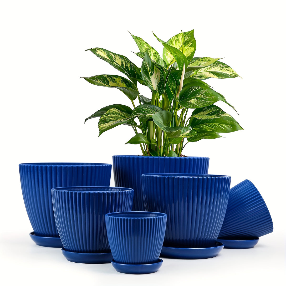 Resin Planter Pots Set with Listed Six-Pack Assortment and 3.5 to 7.5-Inch Size Labels, White, Light Green or Dark Blue Options for Indoor Plant Displays