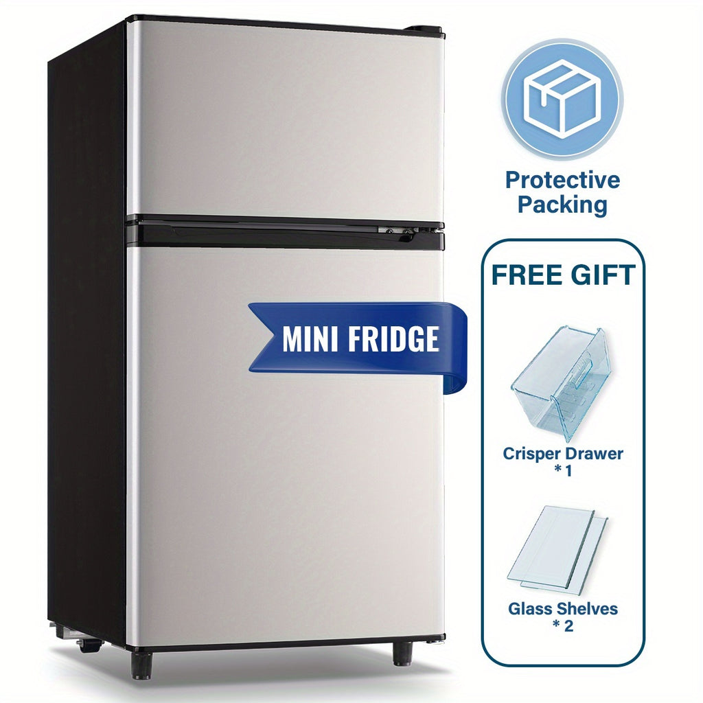 Two-Door Compact Fridge with Freezer, Silvery 2.5 or 3.5 Cu Ft Options with Seven-Level Thermostat and Removable Shelves for Dorm, Office and Bedroom Storage