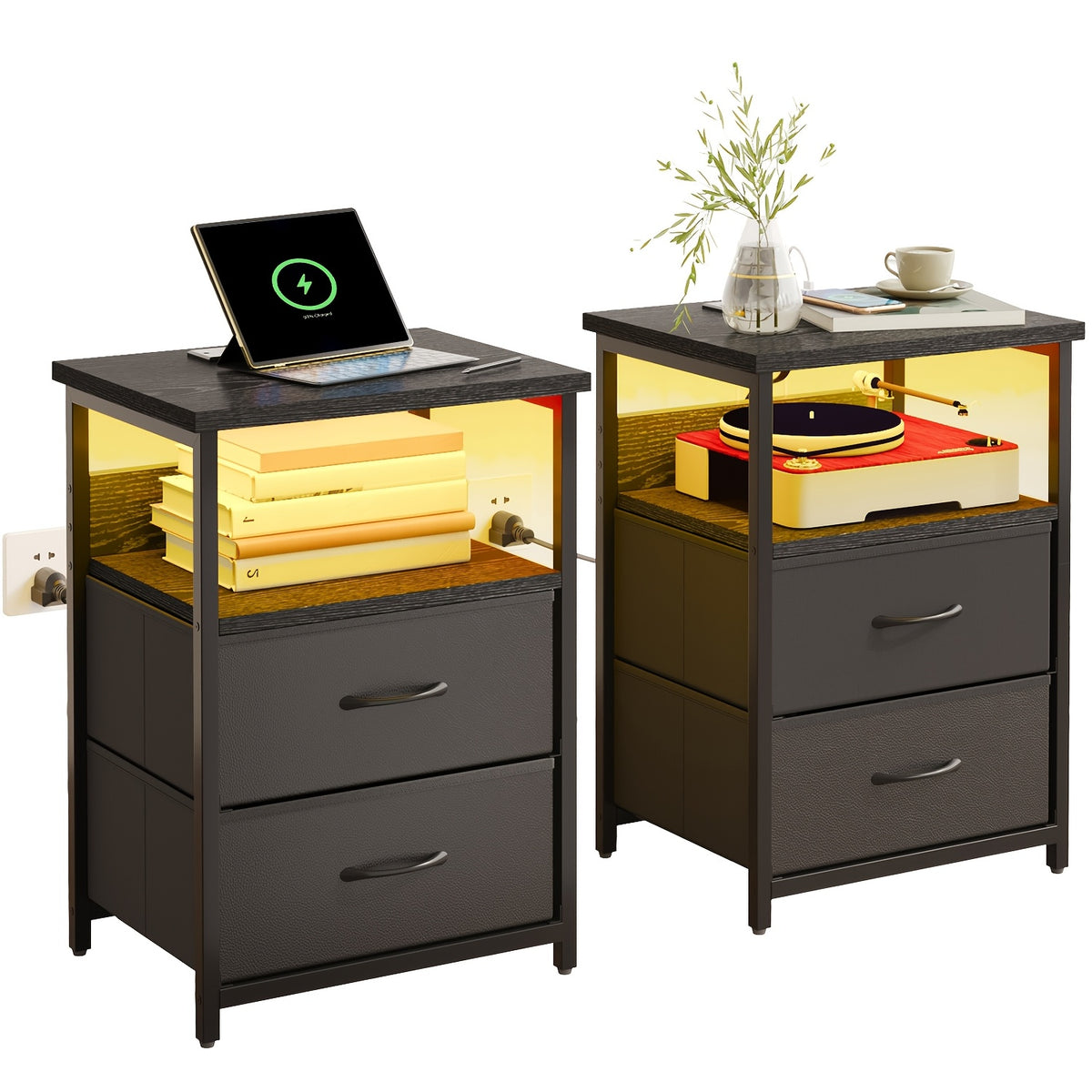 LED Nightstand with Charging Station, Smart Night Stand with USB Ports & Outlets, 2 Fabric Storage Drawers, Bed Side Table for Bedroom, Dorm & School, White or Black, 1pc / 2pcs